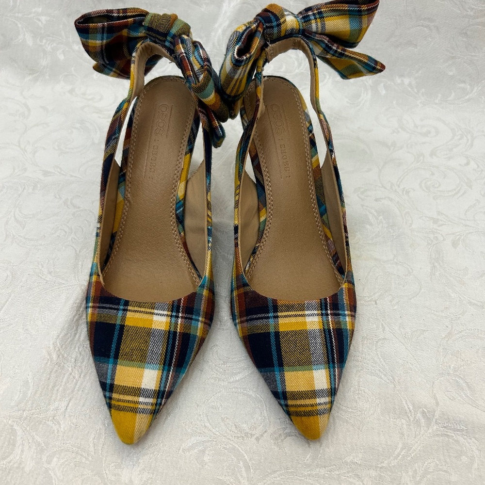 asos Plaid Slingback Pumps with Bow on heel  szUK4/US6 Yellow Multi color